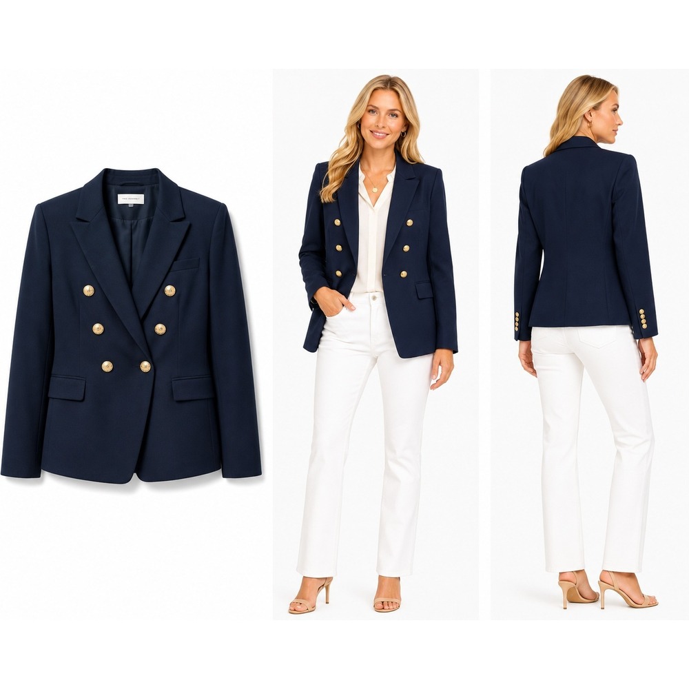 Free Assembly Blazer Womens Large Navy Blue Double Breasted Gold Crest Buttons‎